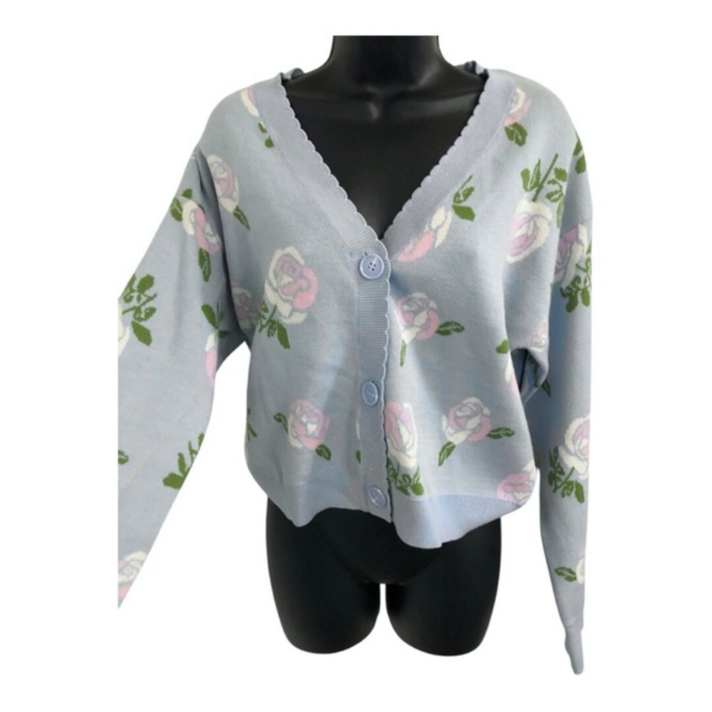 Blue pink white rose stem floral scallop edge cardigan sweater size large new